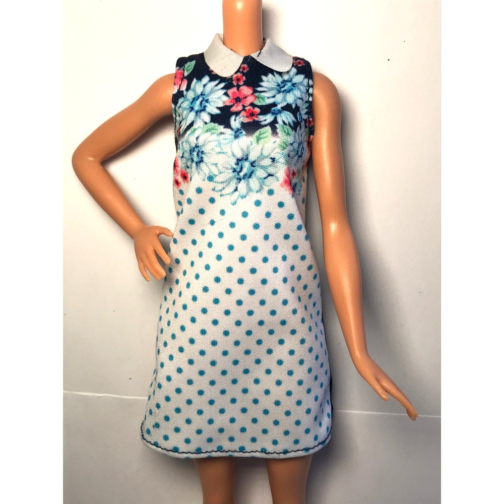 Barbie Doll Clothing White & Blue Floral A-Line White Collared Dress